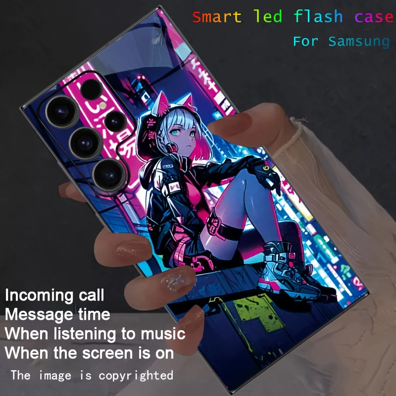 

Neon City Cat Ear Girl Colorful Flash LED Cases Cover For Samsung S25 FE Edge S24 S23 S22 Ultra Plus S21 Zfold 7 6 5 Cool Fundas