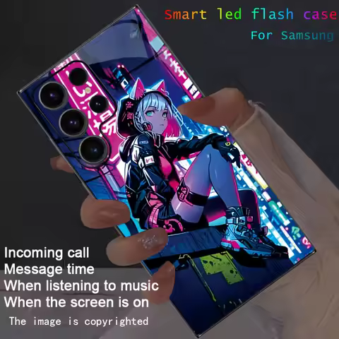 Neon City Cat Ear Girl Colorful Flash LED Cases Cover For Samsung S25 FE Edge S24 S23 S22 Ultra Plus S21 Zfold 7 6 5 Cool Fundas