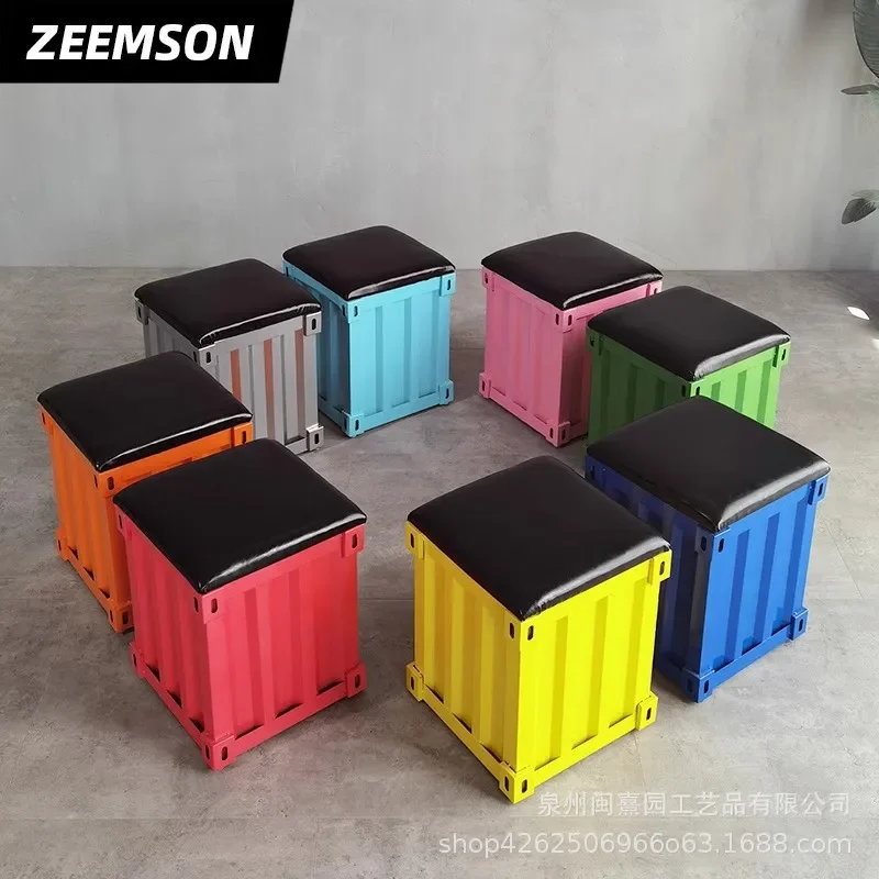 Retro Industrial Style Container Stool Creative Wrought Iron Square Storage Ottoman for Restaurant Home Decor Sit and Store