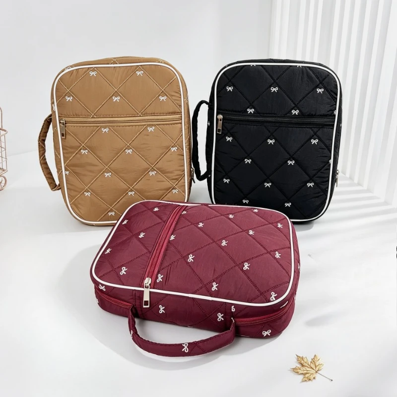 Fashion Bow Embroidered Women Makeup Bag Large Capacity Toiletry Cosmetic Storage Pouch Handbag Ladies Zipper Makeup Bag