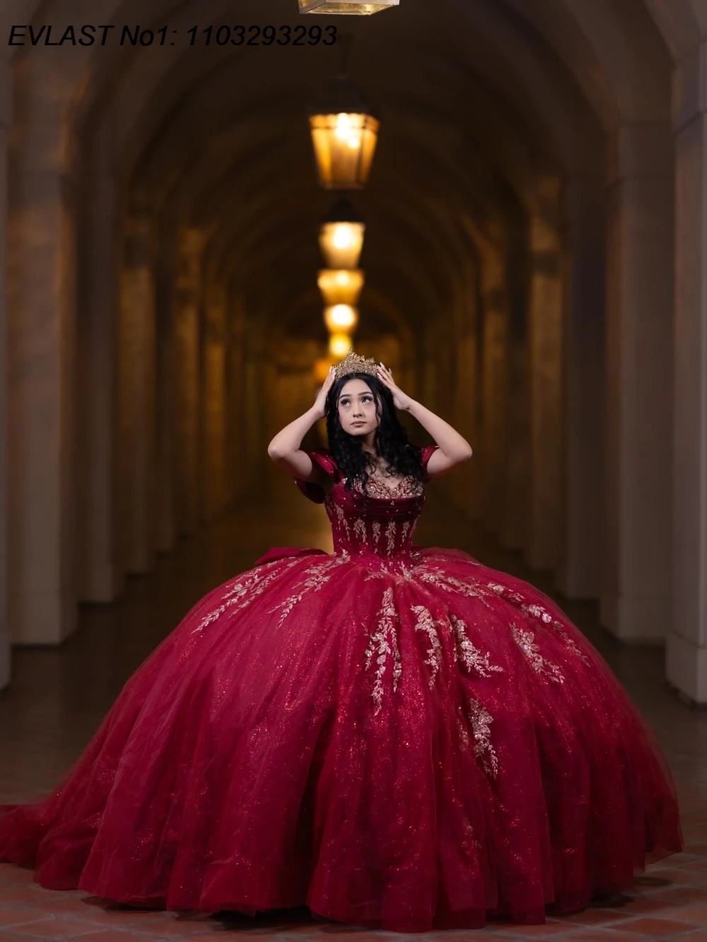 EVLAST Personalizado Glitter Borgonha Quinceanera Vestido de Baile Vestido de Renda Applique Cristal Frisado Doce 16 Vestidos De 15 Anos E1QN823