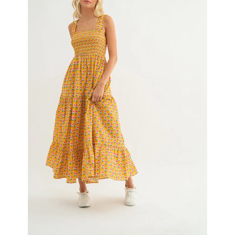 Combhasaki Abito da donna casual floreale con canotta smock collo quadrato senza maniche senza schienale a trapezio abito lungo con volant a strati con tasche