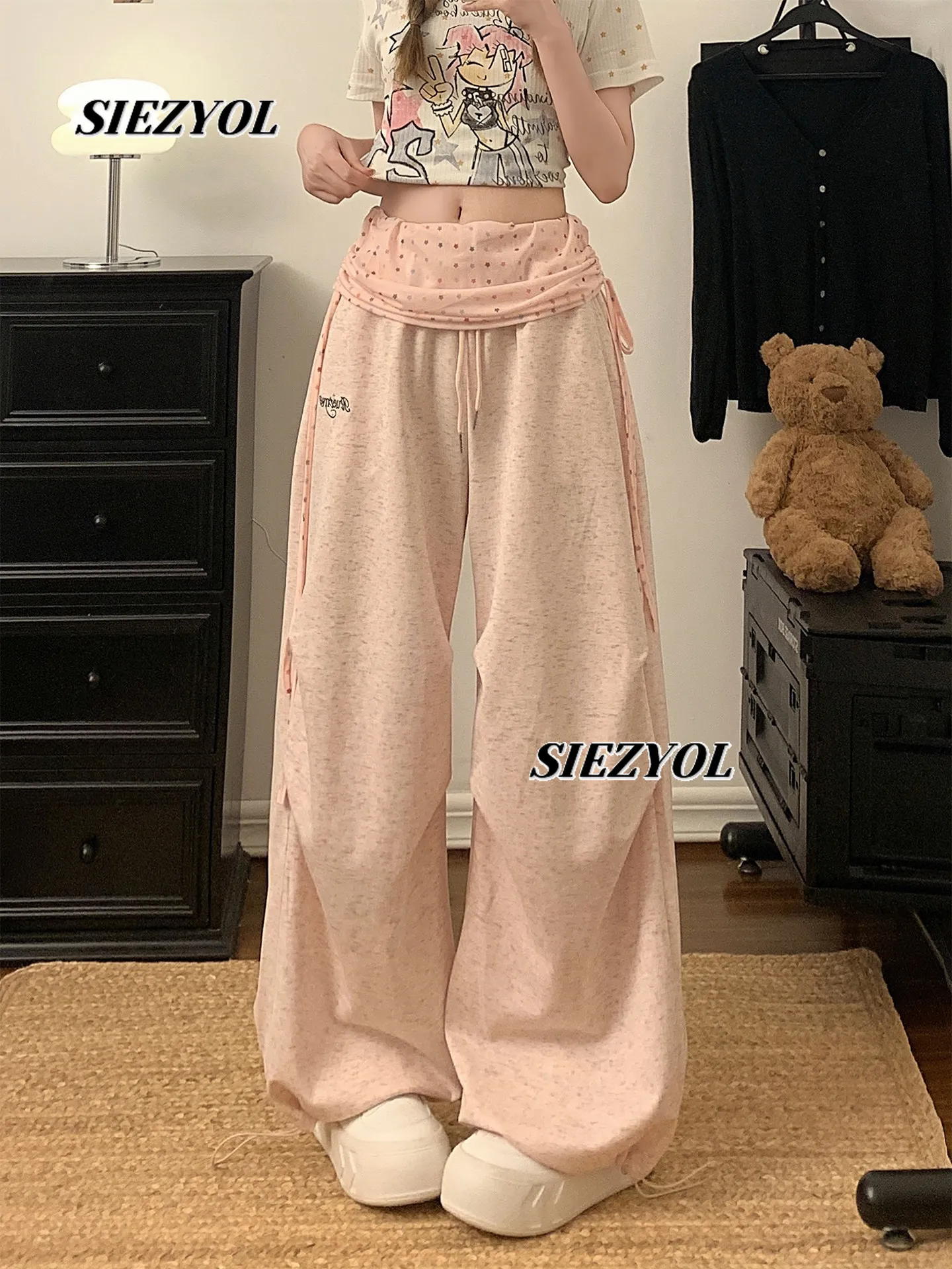 Splicing Sweatpants Women's Summer Thin American Style High Waist Loose Pleated Jazz Dance Wide Leg Straight Casual Trousers