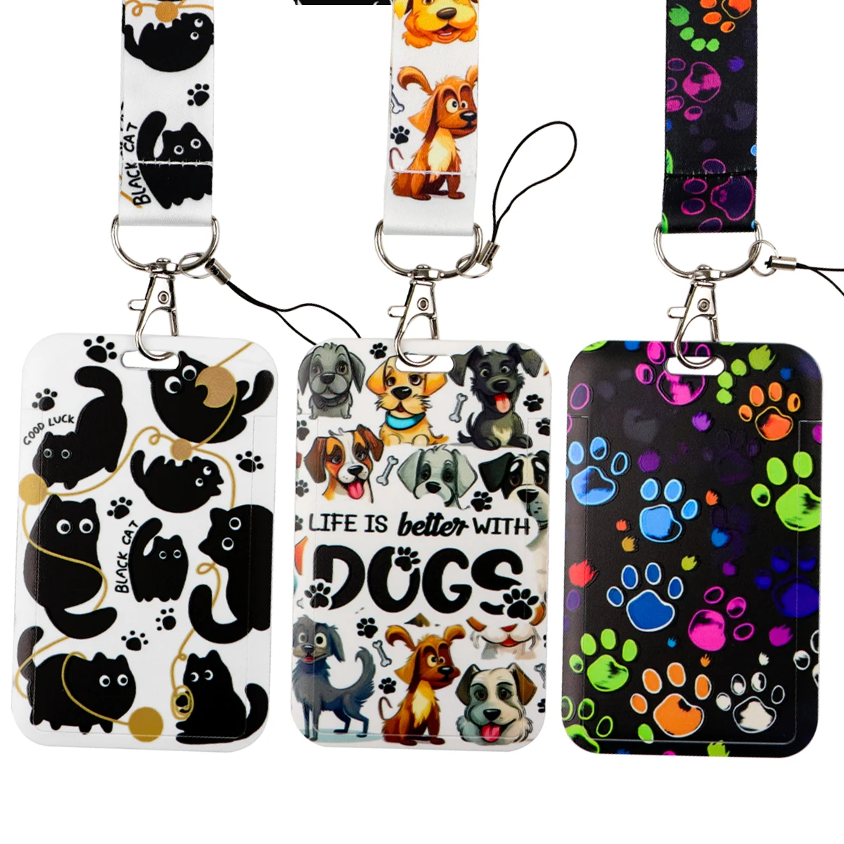 Cute Black Cat Lanyard Card Sleeve ID Card Holder Bus Subway Access Work Card Cartoon Pet Dogs Neck Strap Hang Rope Keychain