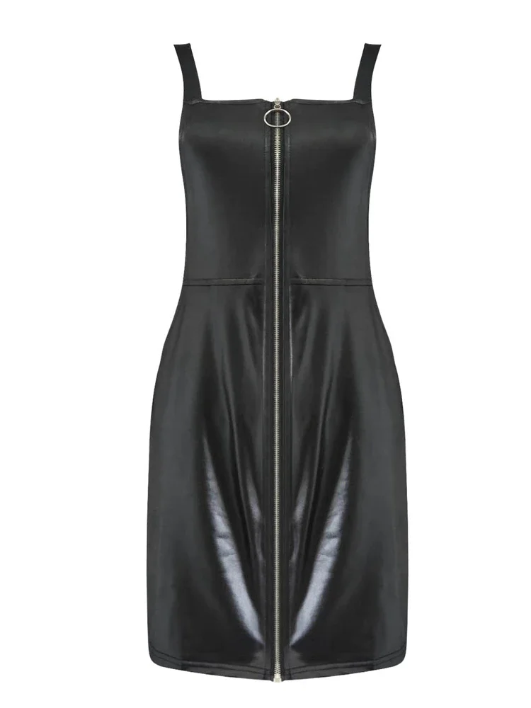 Casual Adjustable Strap PU Leather Dress Women Suspender Overall Dress With Pocket Straight Skirt Party Costume Summer Custom