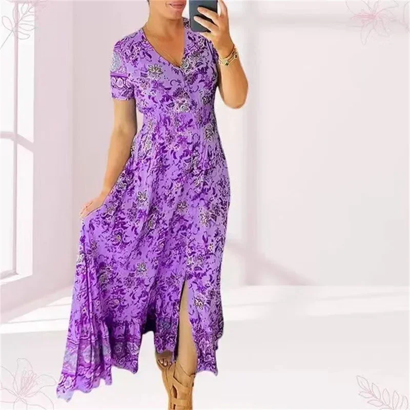 2024 Elegant Women Flower Print Deep V Neck Dresses Elastic Waist Splice Pleated Hem Dress Female Single-breasted Cardigan Gown