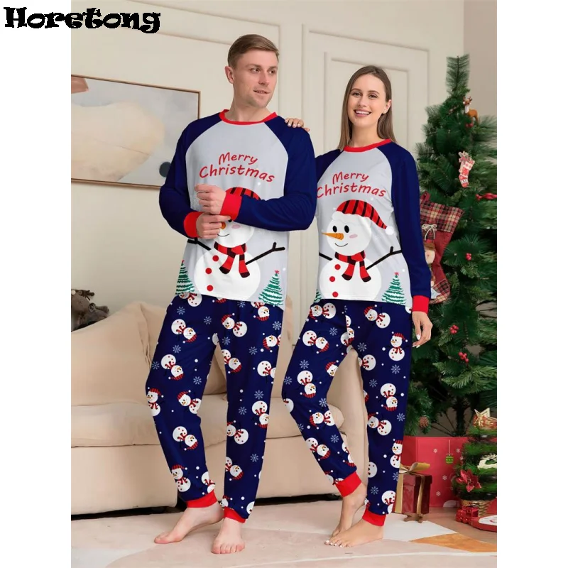 Neujahrs kostüme Cartoon Schneemann drucken Weihnachten Eltern-Kind passende Pyjamas Set 2 Stück Nachtwäsche Weihnachten Familien look pjs