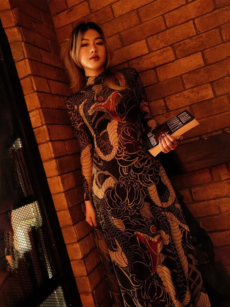 Weird Puss See Through Maxi T-Shirts Women Snake Print Turtleneck Full Sleeve High Split Elastic Sexy Coquette Skinny Clubwear