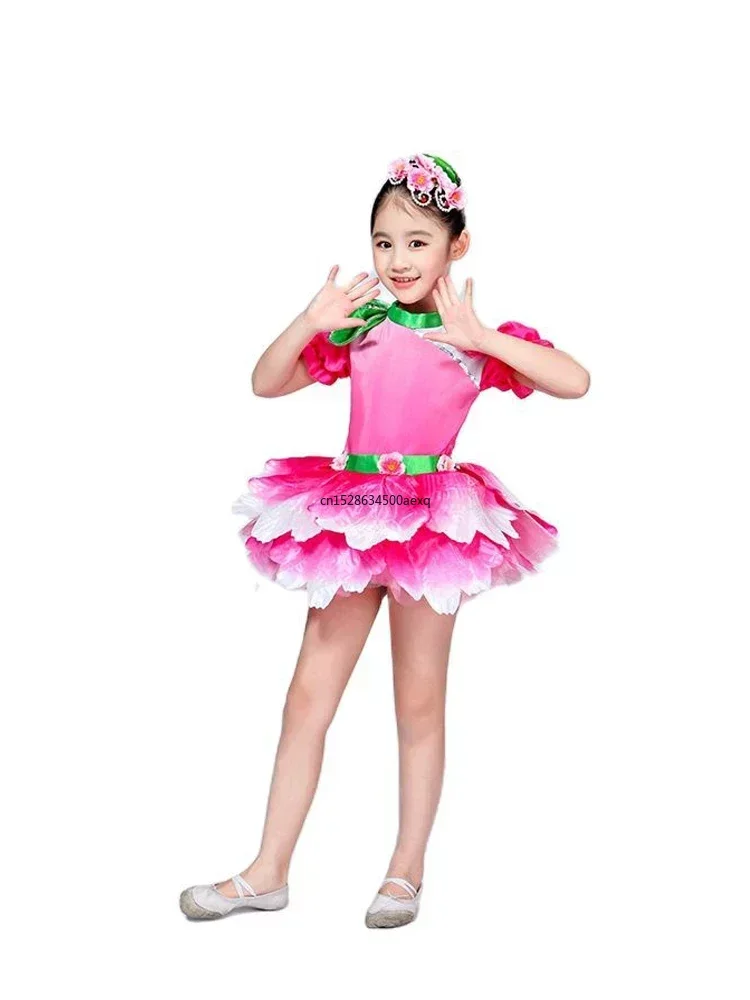 Pink Childrens Fancy Dress Flower Dancewear Girls Dance Costume Kids Salsa Dance Dress Of Girl Dance Wear