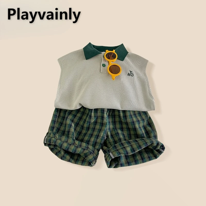 

Детские комплекты унисекс в корейском стиле, новинка 2025, летняя футболка без рукавов с воротником-поло для мальчиков и девочек, топы, шорты в клетку, детская одежда A784