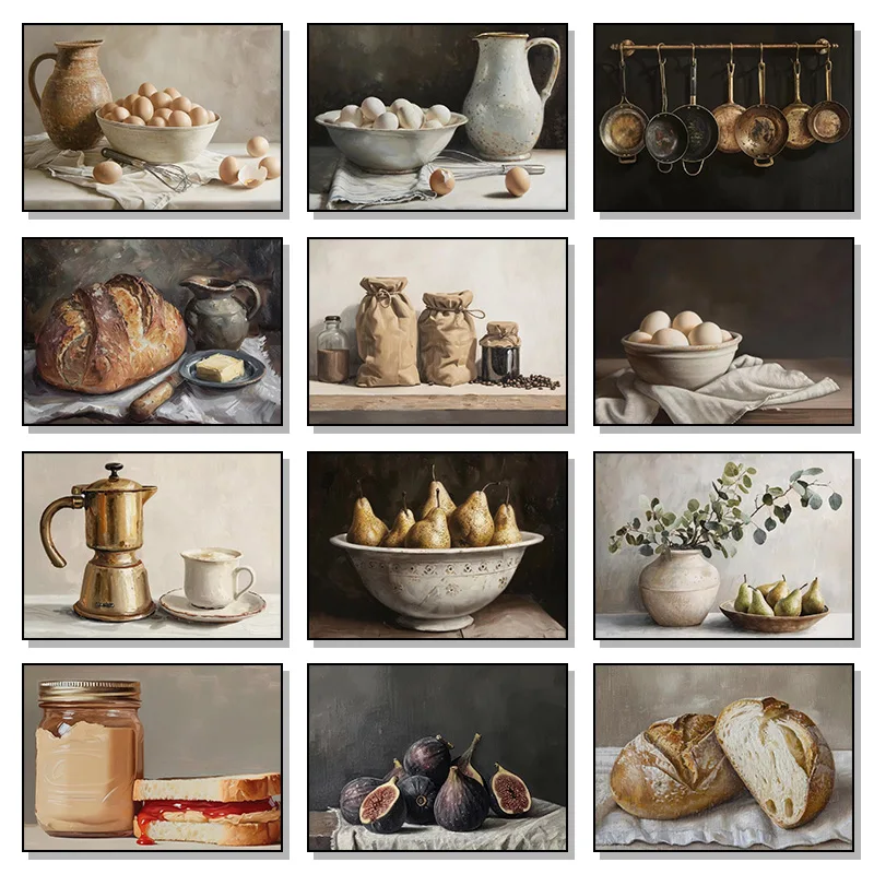 Rustic Kitchen Handmade Coffee FIG Croissant Egg Still Life Vintage Poster Canvas Paintings Wall Art Pictures Hotel Home Deco