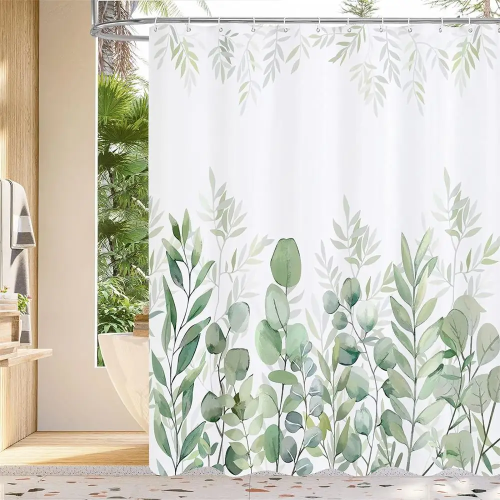 Green Eucalyptus Leaves Shower Curtains Watercolour Leaves Spring Plants Bath Curtain Modern Polyester Cloth Home Bathroom Decor