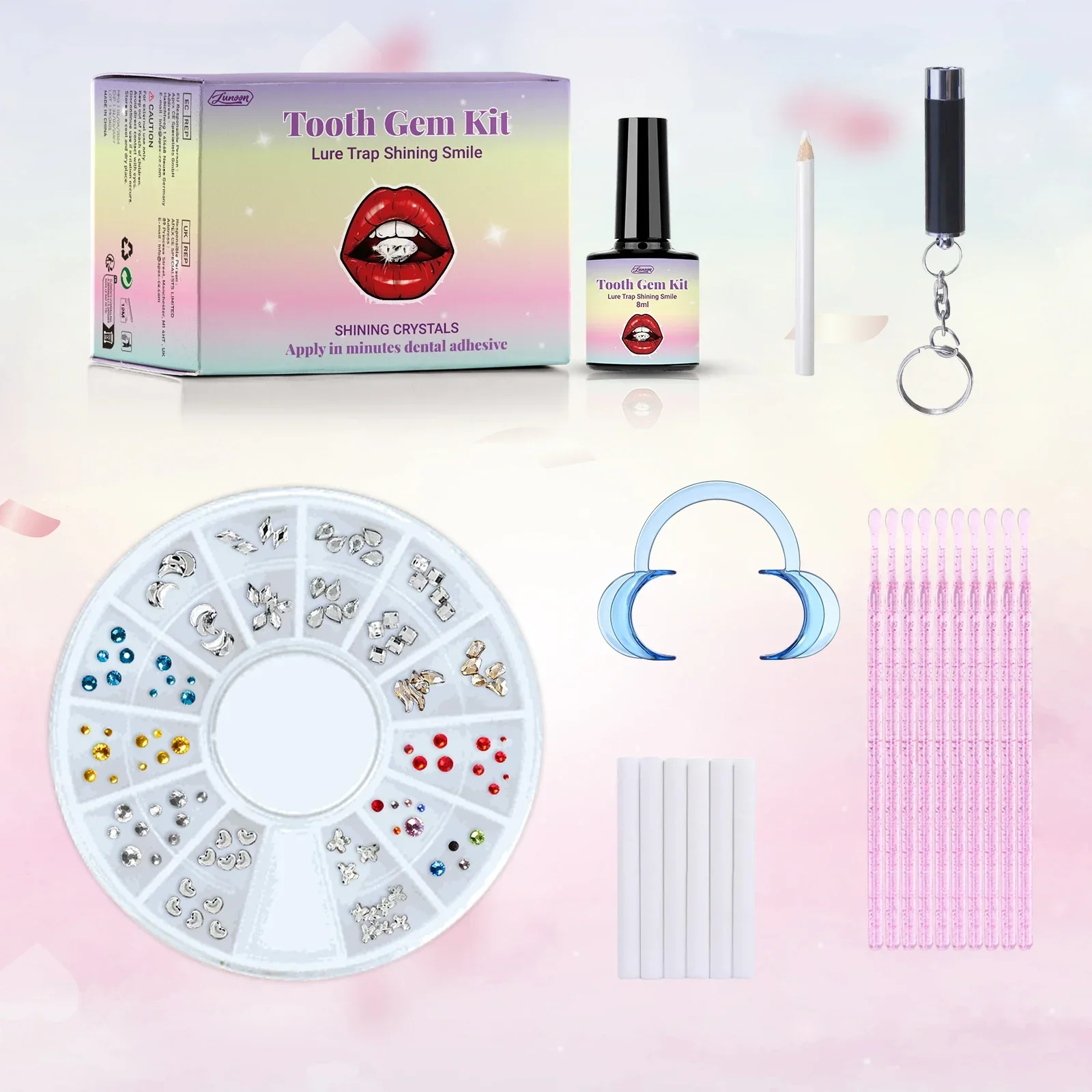 Set Profesional de Decoración Dental con Gemas - Con Luz de Curado y Adhesivo, Cristales Fáciles de Quitar para un Brillo DIY Unisex en la Sonrisa