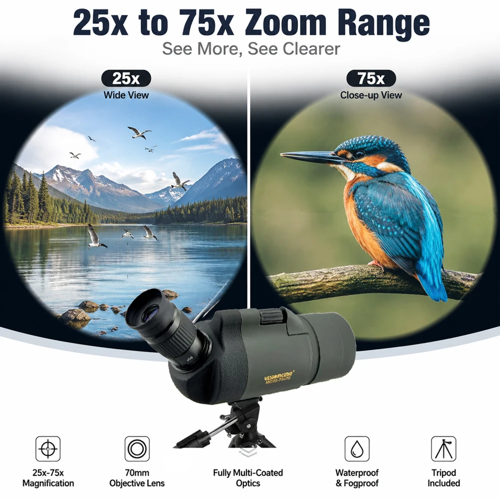 Visionking 25-75x70 Telescope Spotting Scope Monoculars Long Reach View Powerful Camping Birdwatching Hunting Scope With Tripod view 2