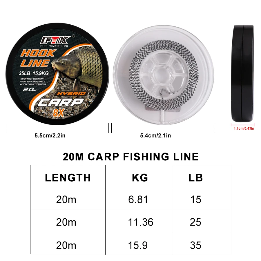 FTK 8 Strands Carp Fishing Line 20m Soft Hook Link Carp Hooklink Uncoated Braid Line for Hair Rig Carp Coarse Fishing Tackle