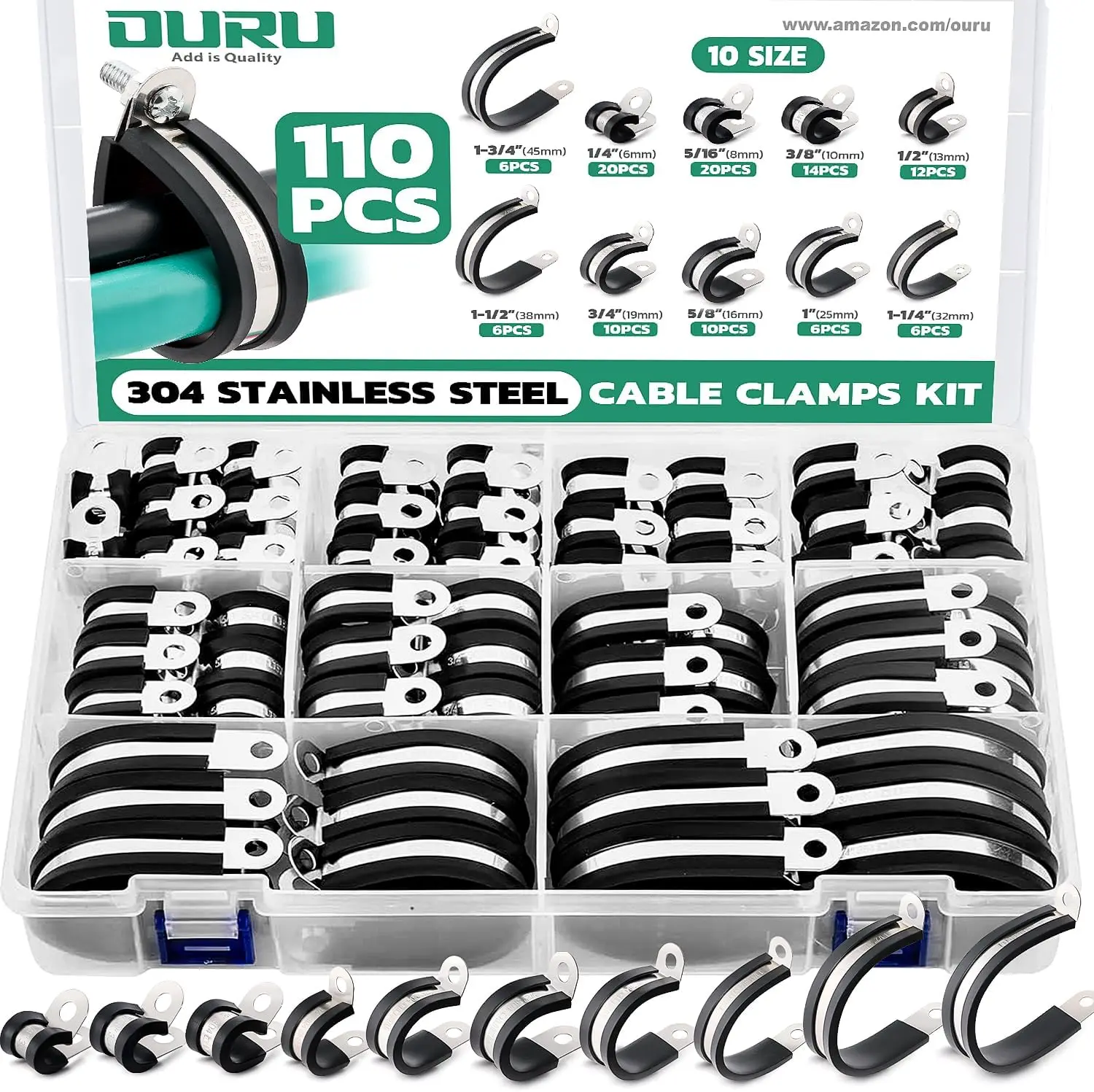 

110PCS Stainless Steel Rubber Coated Cable Clamps Kit, 10 Sizes for Automotive Wire Pipe Fixing