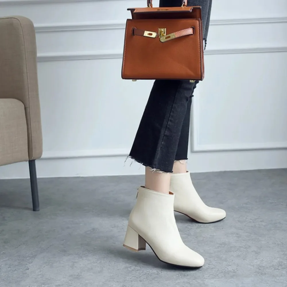 Autumn Winter Thick High Heels Zipper Sexy Womens Boots Feminina SquareToe Faux Leather White Ankle Boot Big size 32-46 17-24