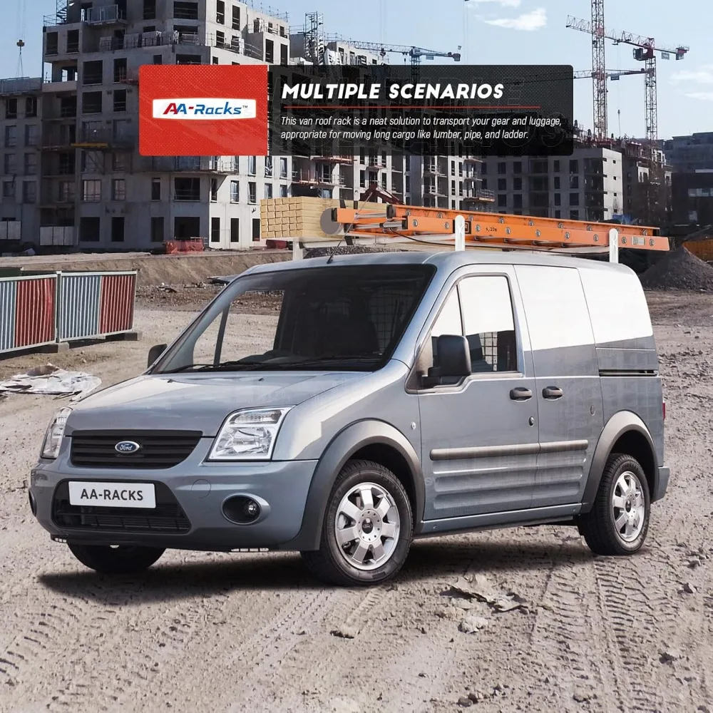 Utility Van Roof Ladder Rack System for Ford Transit Connect 2008-2013, Steel 2 Bar Design, Matte White Finish, Drilling Require