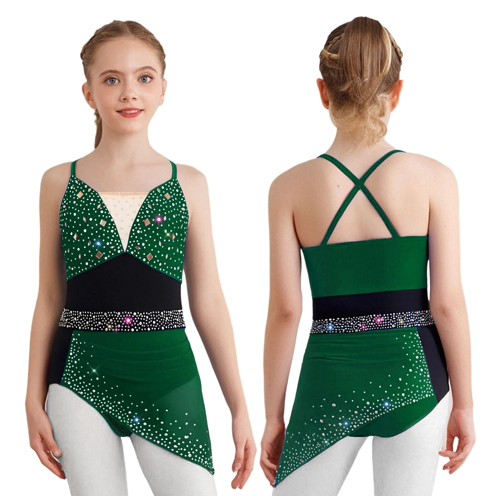 

Kids Girls Lyrical Rhinestone Figure Skating Acrobatics Stage Performance Costume Waltz Ballroom Ballet Dance Leotards Dresses