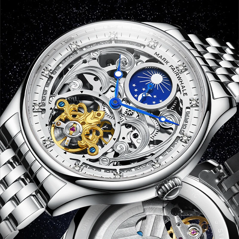 Mark Fairwhale Brand Luxury Tourbillon Mechanical Watch Men Leather Strap Fashion Automatic Moon Phase Skeleton Watches Mens