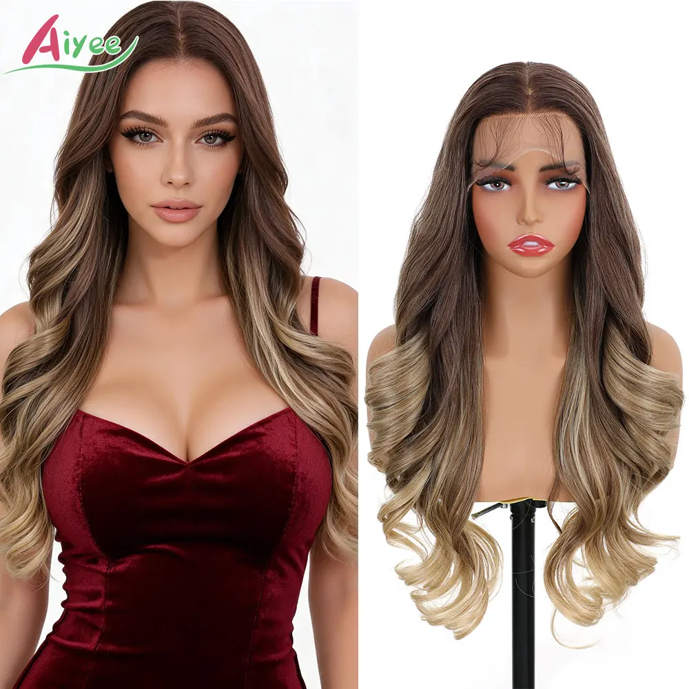 AIYEE Blonde Silver Caramel Black Brown Ombre 13x4 26 Wavy Lace Front Wig HighTempFiber Synthetic Hair Cosplay Hairpiece Women