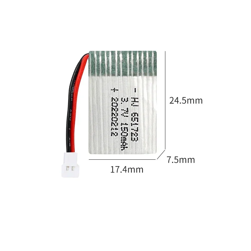 651723 Li-ion Battery 3.7V 150mAh with XH2.54 Plug, Replacement Part for Ni Hui U207 H2 H8 RC Drones and Toys