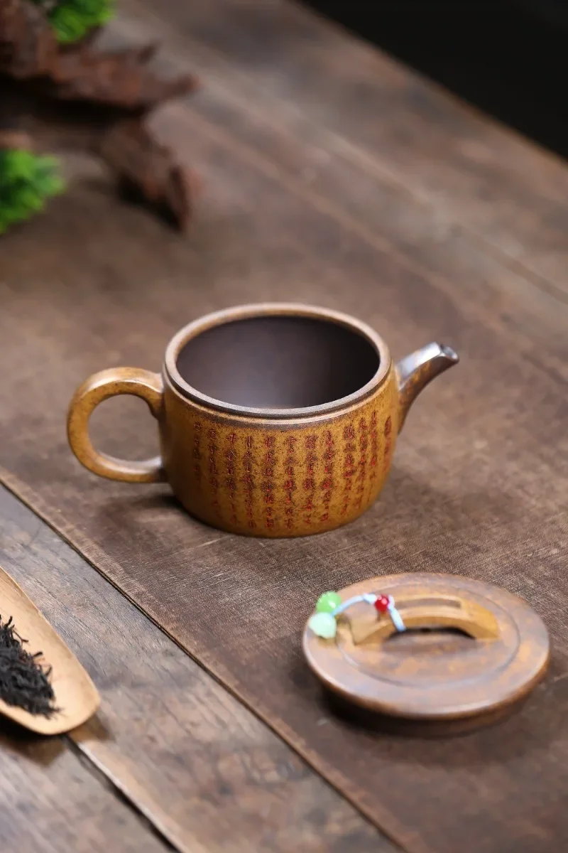 320ml Handcrafted Yixing Zisha Teapot Made From Raw “Dragon Bone” Gold Sand Clay: “Drunken Taibai Tile Teapot