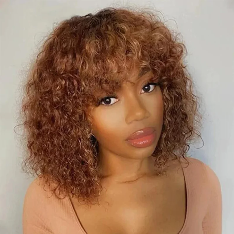 Jerry Curly Human Hair Wigs With Bangs Full Machine Made Water Wave Short Human Hair Wigs For Women Wholesale Pixie Cut Bob Wig