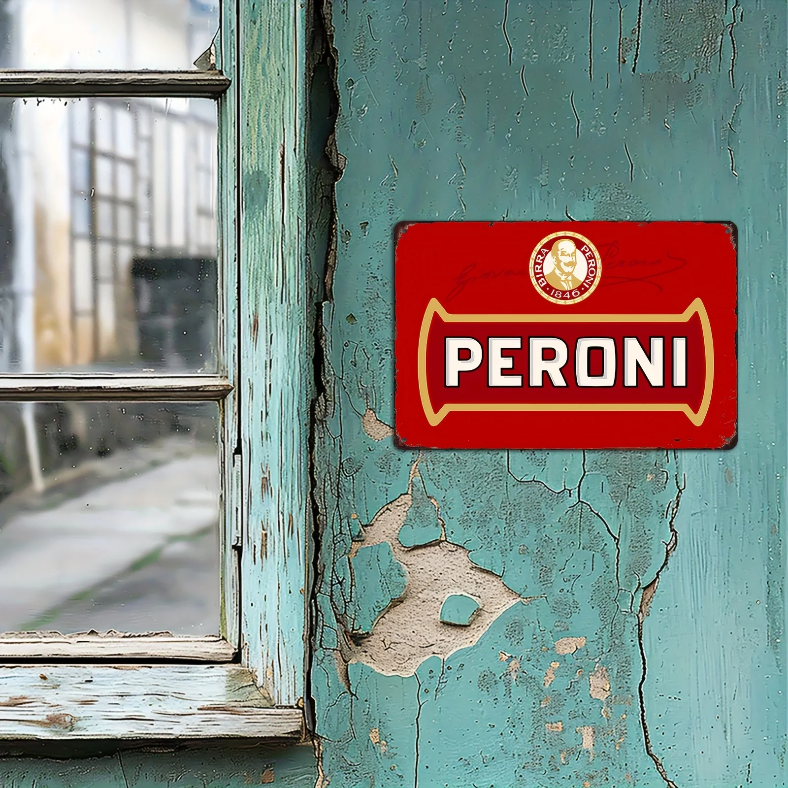 Vintage-Style Peroni Metal Sign -  Retro Wall Decor with Golden & Red Design, Perfect for Living Room, Bedroom, Studio, or Man C