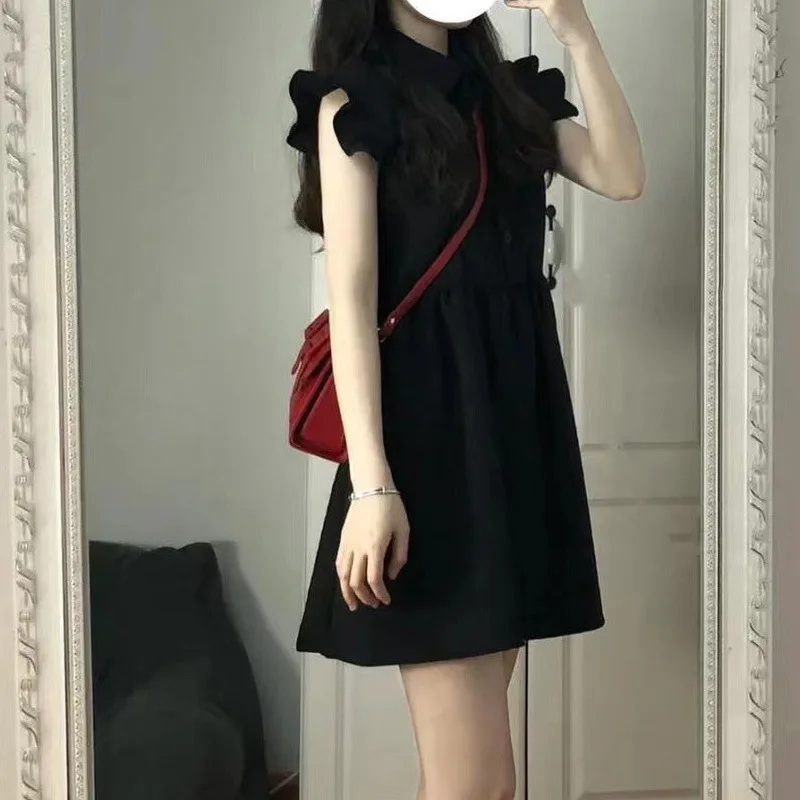 French Style Salt Style Fried Street Chic Skirt Black Dress Small Flying Sleeves Special-Interest Design Dress Summer One-Piece