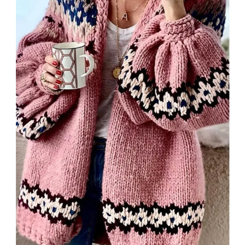 Nouveau Cardigan surdimensionné d'hiver pour femmes en laine épaisse, portable à l'extérieur avec des motifs floraux tricotés Vintage, Design Patchwork