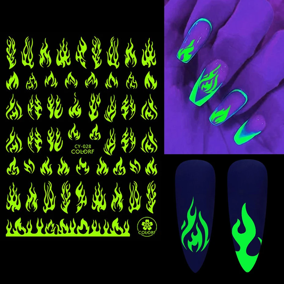 3D Fluorescent Flame Nail Adhesive Stickers Luminous Stars Galaxy Heart Butterfly Neon Green Manicure Sliders In Dark BECY028-36