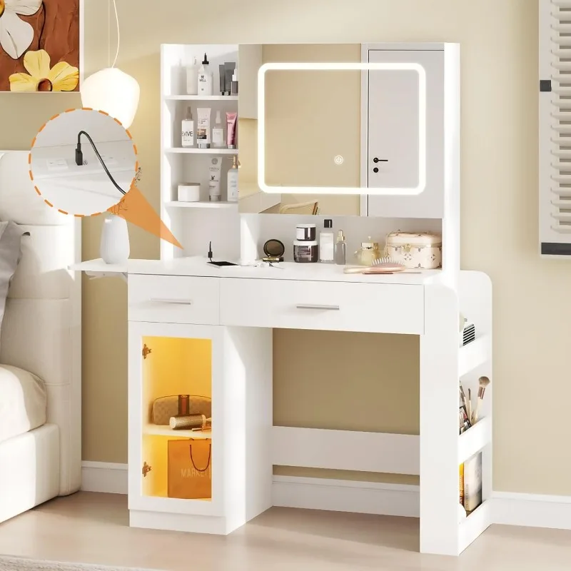 Large Sliding Mirror Vanity, Glowing Mirror with Hidden Shelves and Charging Station Makeup Vanity, Modern Vanity with Large