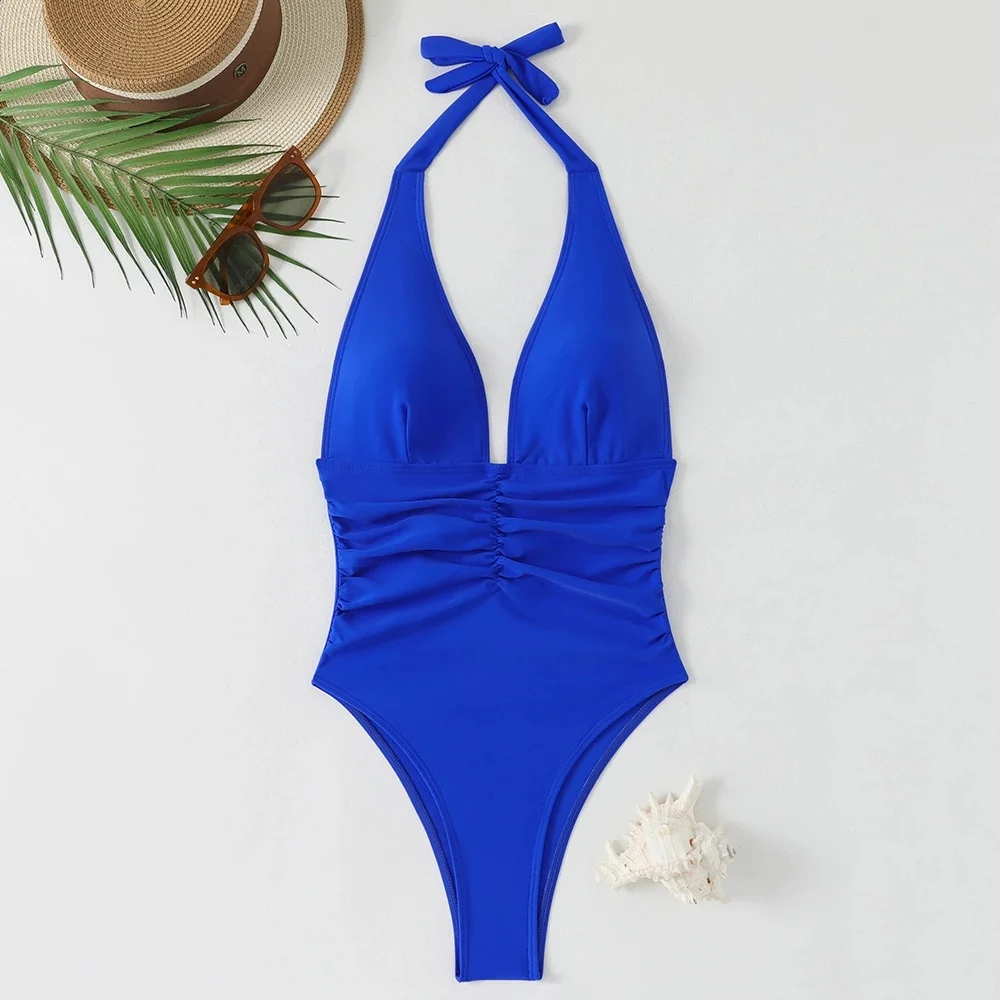 Sexy Red Bikini Deep V Pleated Waist Swimsuit Halter Bandage Backless Vacation Swimwear Women Bikinis Mujer Biquini Beach Outfit