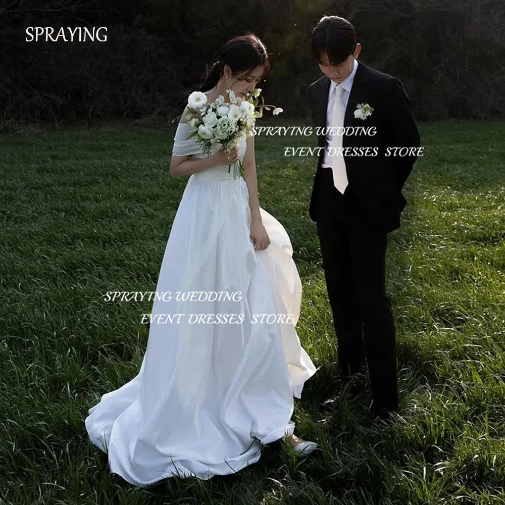 رش فستان زفاف بسيط من قماش التفتا كوريا صورة تبادل لاطلاق النار بدون حمالات مع شال زي العرائس مشد طويل واستدريس 2025 مخصص