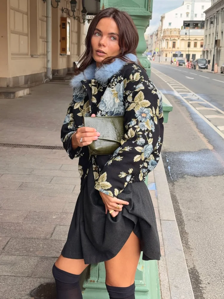 Women Chic Black Floral Faux Fur Collar Jacket Button Down Long Sleeve Loose Fit Soft Spring Autumn Street Daily Fashion Coats