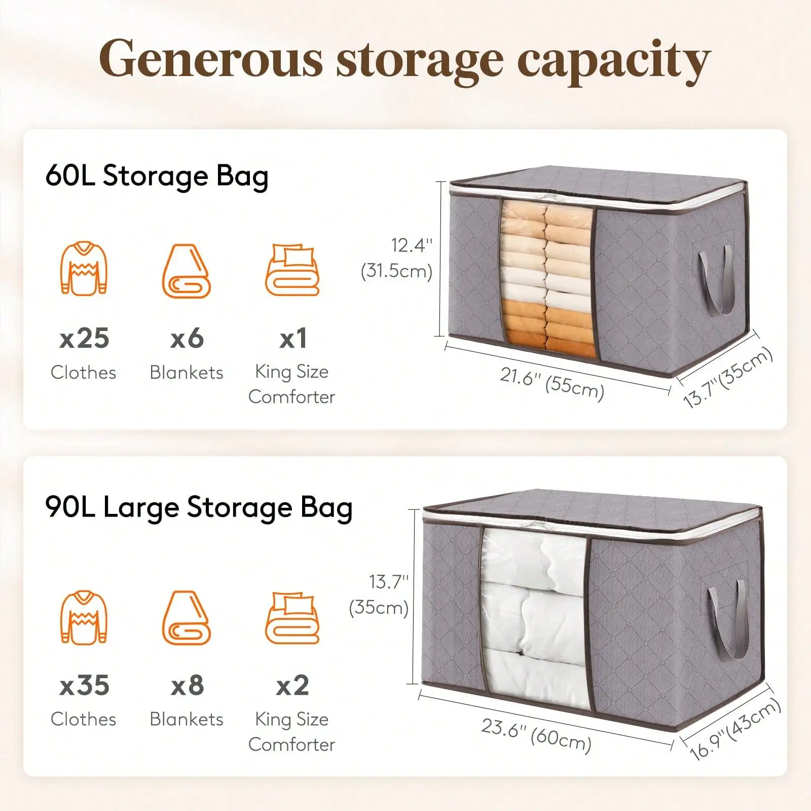 6 Pack Clothes Storage, Foldable Storage And Organization, Storage Bins With Lids, Blanket Storage With Clear Window, Closet Storage With Reinforced Handles For Clothing, Bedding, Light Gray