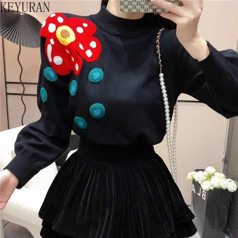 Autumn Winter Knitted Sweaters Women Pullovers Korean Fashion Ruffles Sleeve 3D Flowers Knitwear Top Sweater Sueter Mujer Jumper