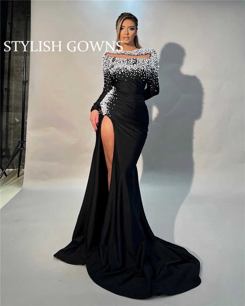 Middle East Boat Neck Evening Dresses For Black Girls Bead Birthday Party Gowns High Slit Long Prom Dress Robe De Bal Customized