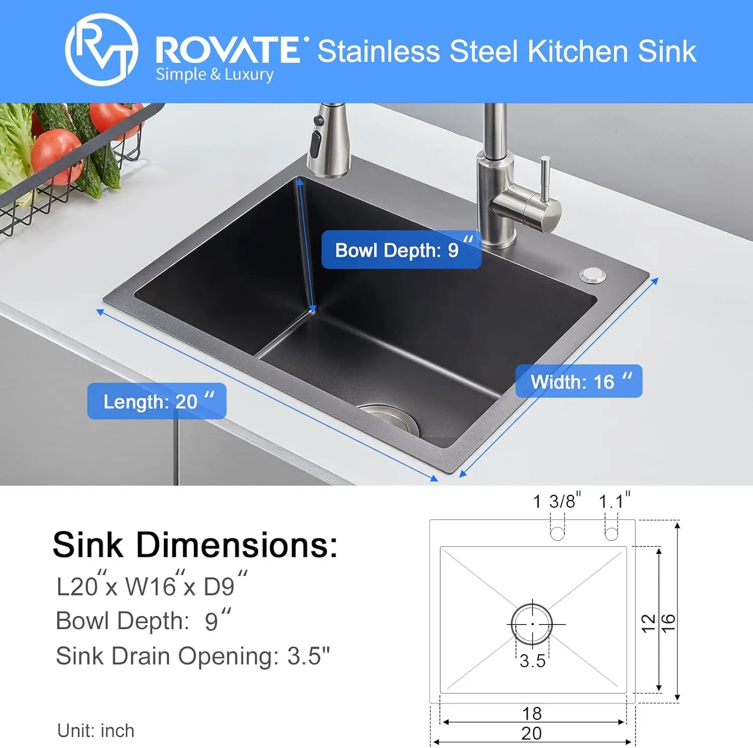 ROVATE 20x16 inch Drop-in Kitchen Sink Single Bowl Black Nano Top-Mount Kitchen Sink Handmade 304 Stainless Steel Overmount