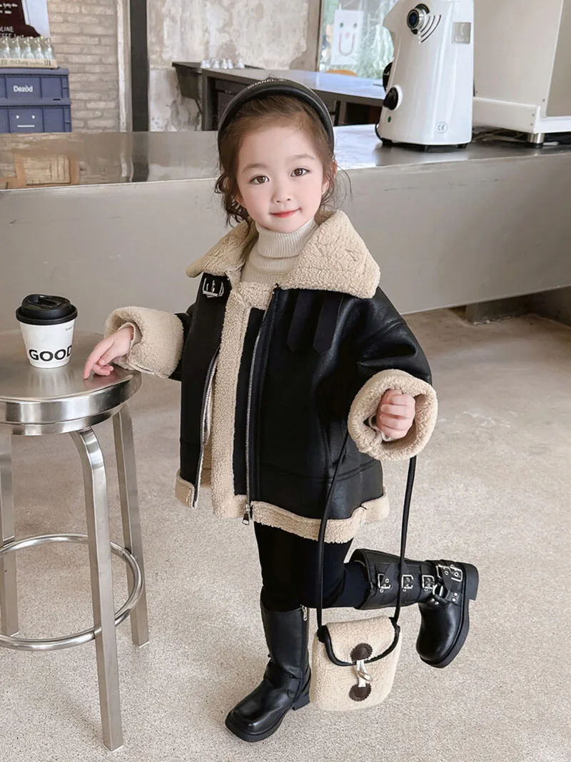 MILANCEL New Winter Kids Fleece Padded Coat Children Thicking Solid Color Jacket With Bag Girls Fashion Tops