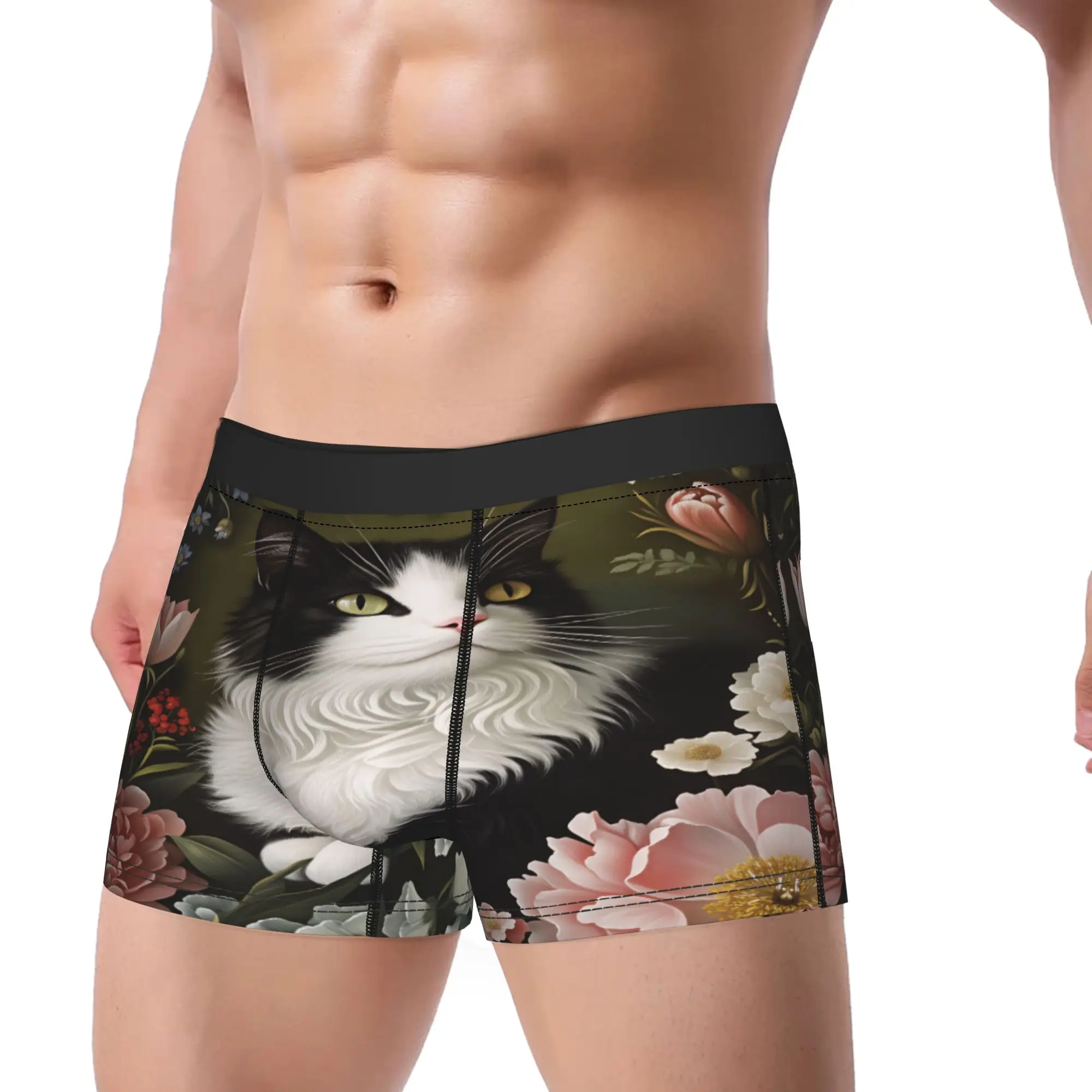 Kawaii Floral Black & White Cat Underwear  Custom Boxer Shorts High Quality Males Panties Breathable Boxer Brief
