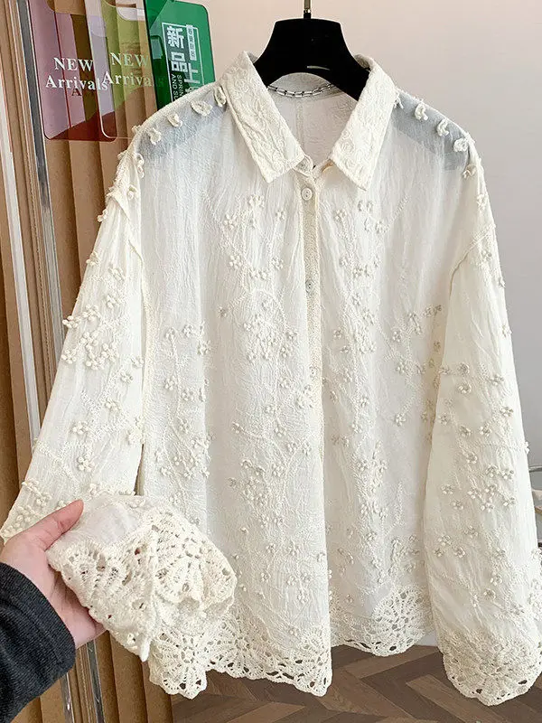 

Long Sleeve Embroidered Lace Collar Patchwork Korean Style Shirt Large Size Ageless Versatile High End Feel Spring Fashion