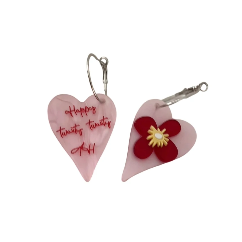 195C Asymmetrical Heart Drop Earrings with Pink Heart Pieces, Flower and Script Silver-Tone Ear Wires, Statement