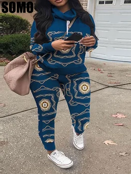 Somo ชุดเสื้อผ้าผู้หญิง2ชิ้นขนาดใหญ่พิเศษเสื้อฮู้ดกันกางเกงสเวตเชิ้ตชุดลำลองคอสูง