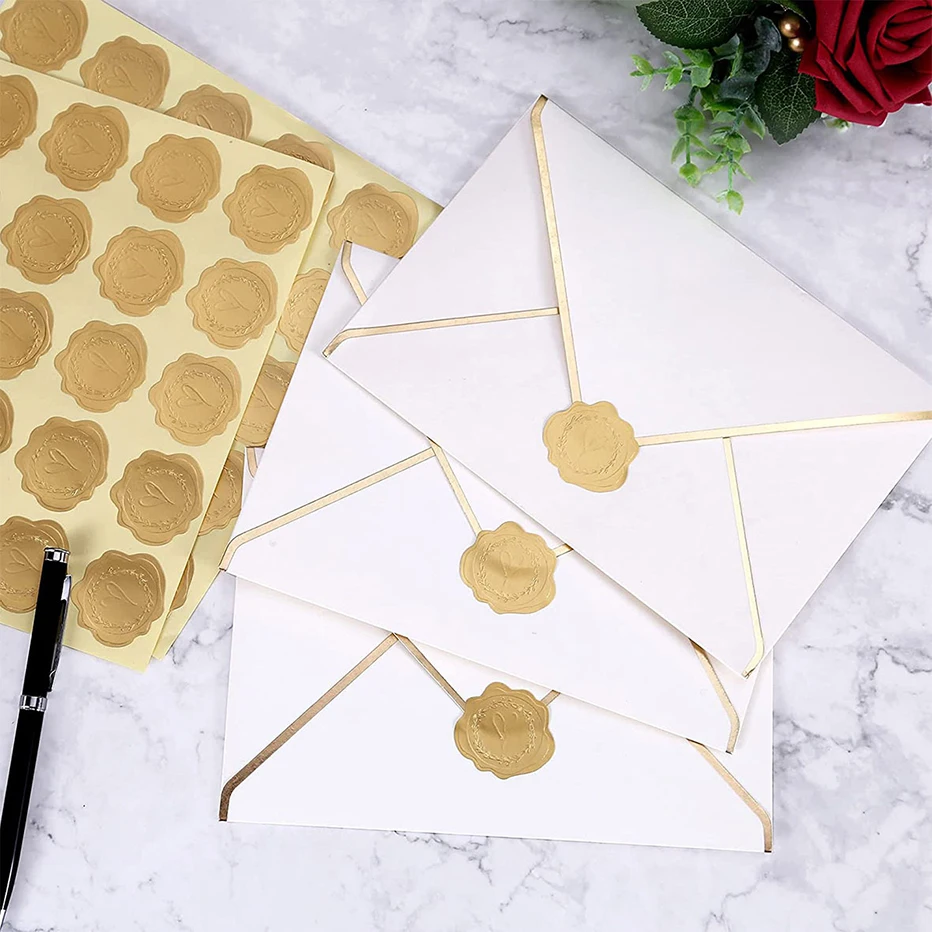 100pcs Gold Envelope Stickers Embossed Heart Seal Stickers for Postcards Invitations Card Gifts Decoration Self Adhesive Sticker