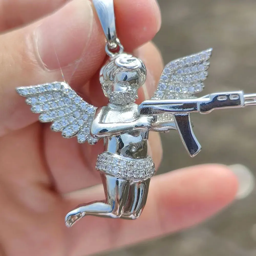 Hip Hop Jewelry Vengeance Angel With Gun Wings Pendant Necklace CZ Angel Wing Charm Pendant For Both Woman Men ﻿