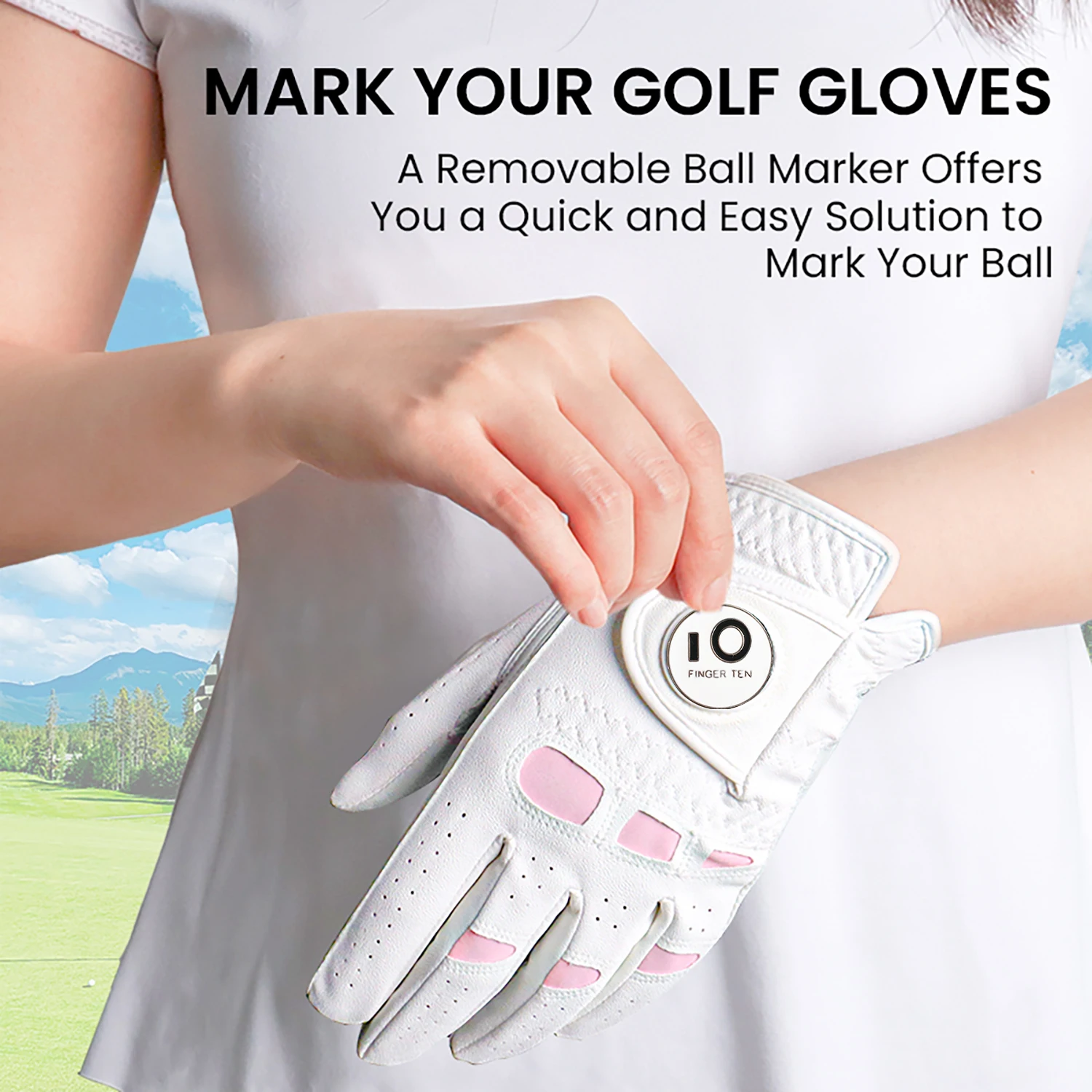 FINGER TEN Women Leather Golf Glove with Ball Marker Extra Grip 1 Pack, Left Right Hand Fit Ladies Girls