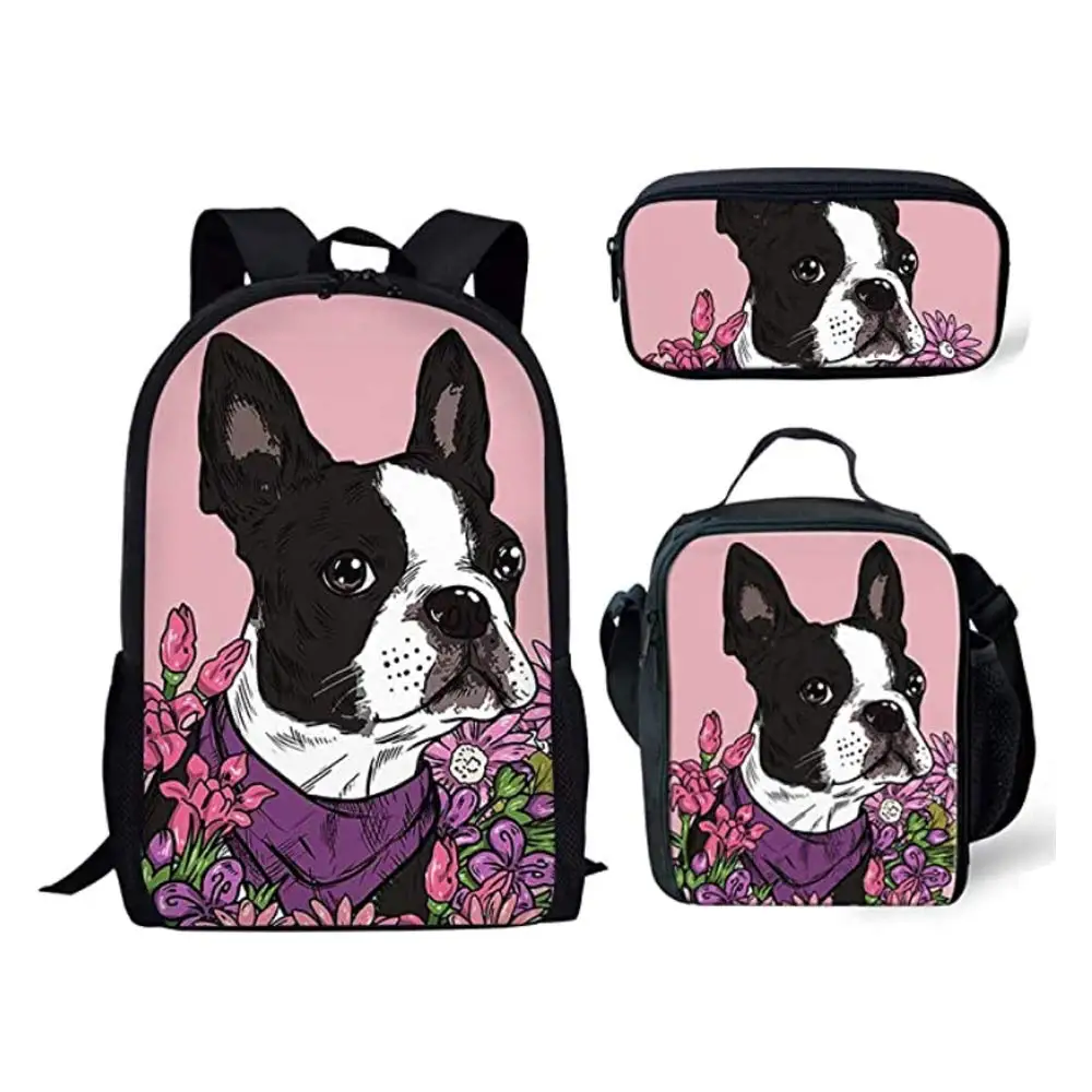 Cute Dog Spaniel Floral Designer 3Pcs/Set School Bags Teenager Boys Casual Backpack Shoulder Bag Pencil Case Lightweight Bag