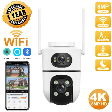 듀얼 렌즈 와이파이 감시 카메라, 4K, 8MP, 4X 디지털 줌, AI 인간 감지, ONVIF 무선 야외 보안 PTZ IP 카메라